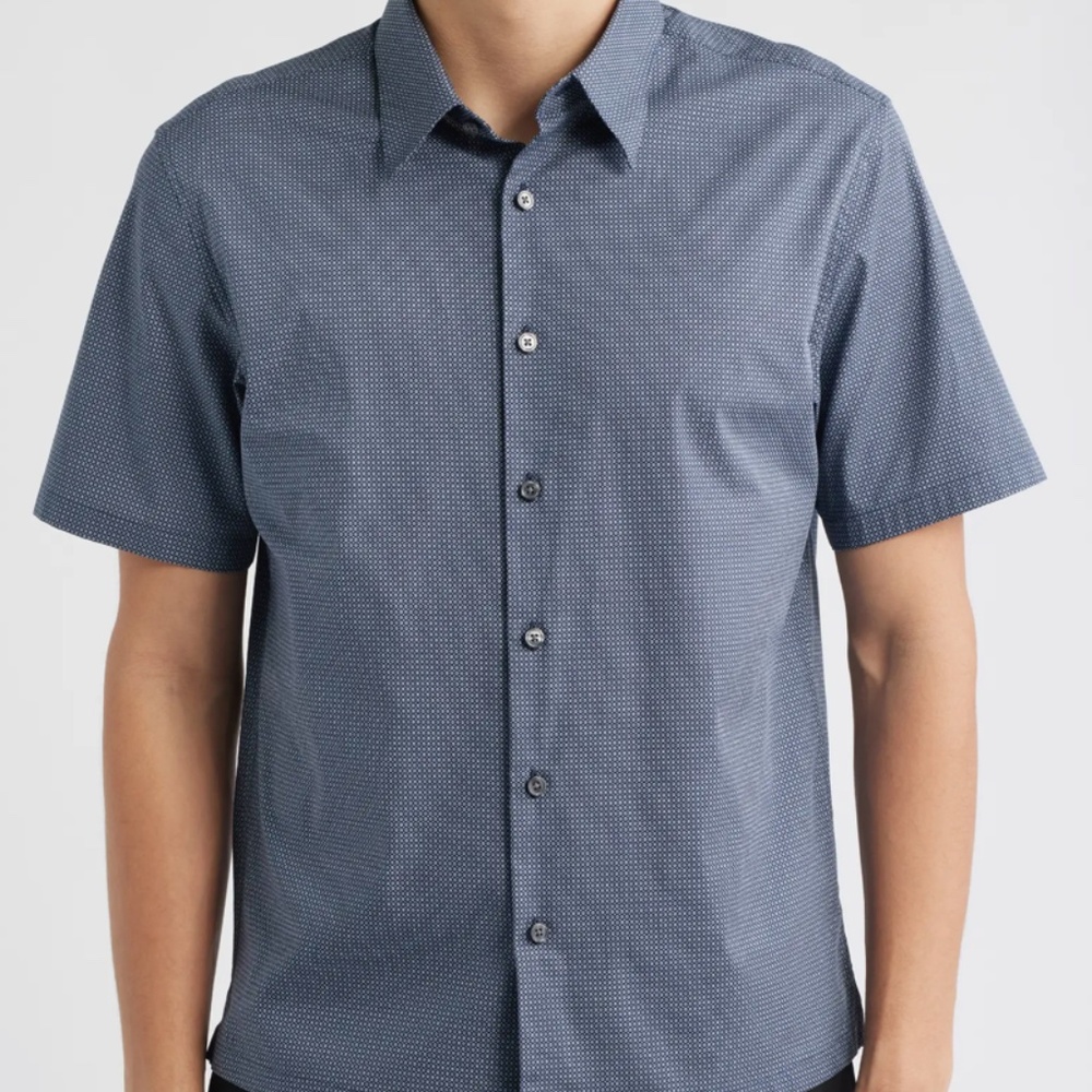 NWT Theory Men's Irving Short Sleeve Stretch Cotton Button-Up Shirt Eclipse XXL